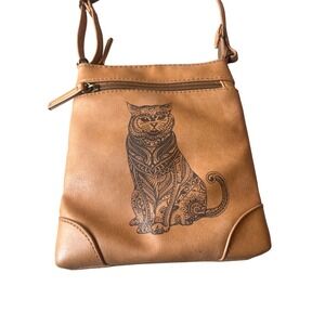 Brown Faux Leather Cat Print Crossbody‎ Bag Small Purse Shoulder Bag